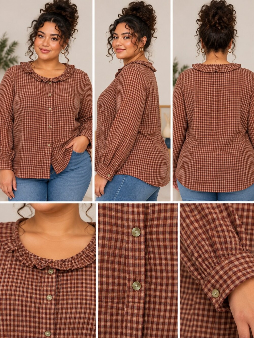 Old Navy Brown Plaid Ruffle Collar Button-Up Blouse – Size XL